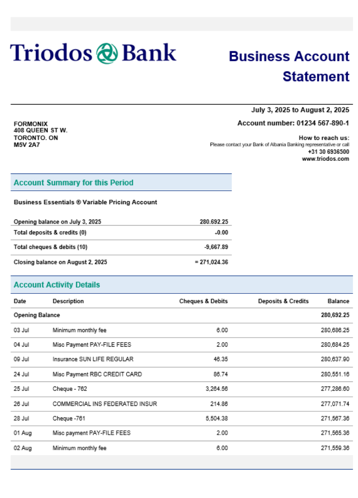 Relevé de compte de l'entreprise de la Banque Triodos au format Word et PDF
